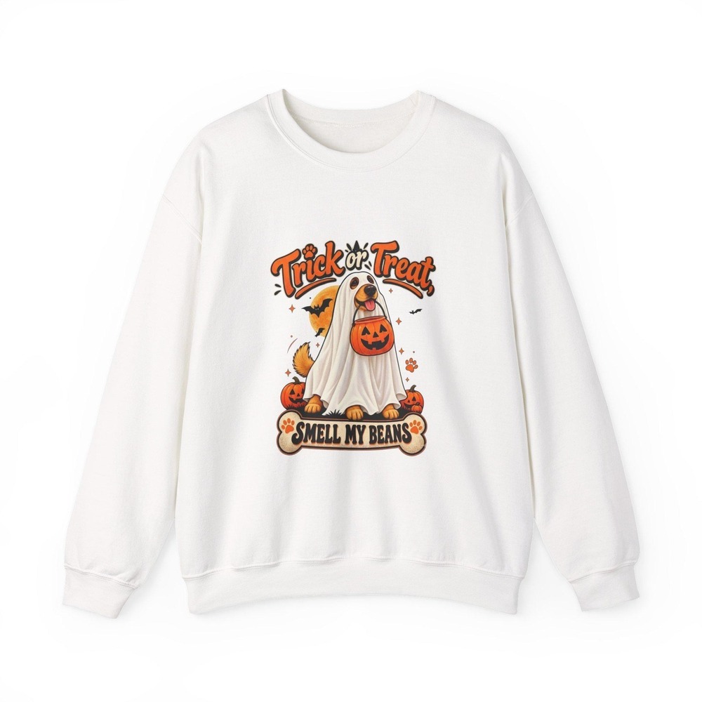 Trick or Treat Smell My Beans Ghost Dog Halloween Sweatshirt Unisex